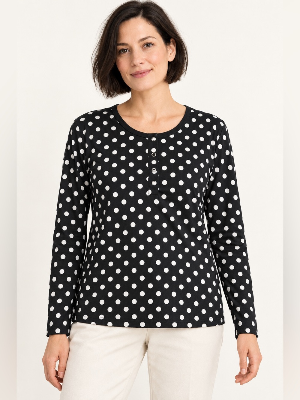 Marimekko Black White Polka Dot Cotton Henley Top XS Long Sleeve Made in Estonia